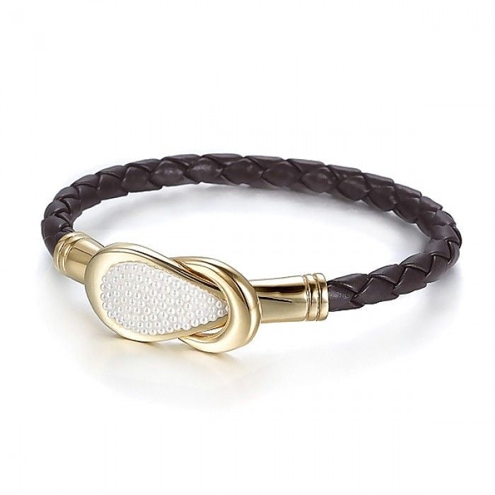 Brown Leather Knot Bracelet (Gold)