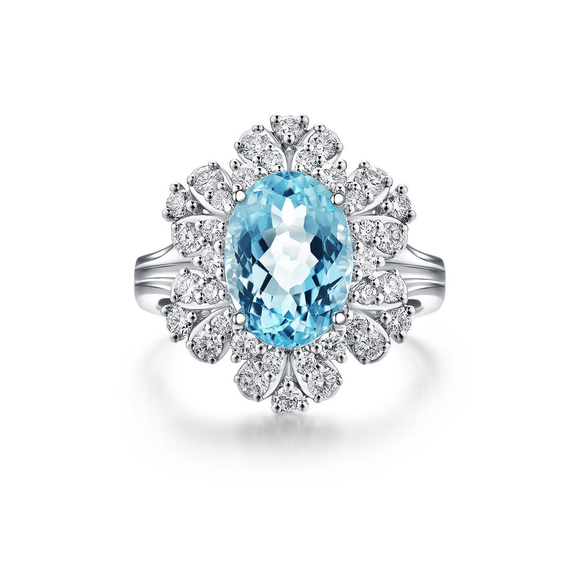 Blue Oval Floral Halo Ring