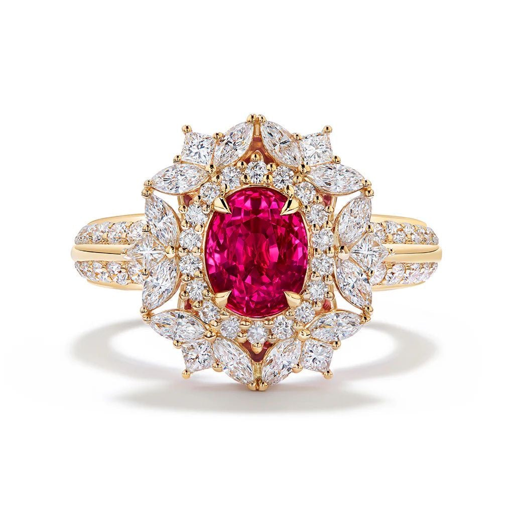 Red Ruby Floral Halo Ring (Yellow Gold)