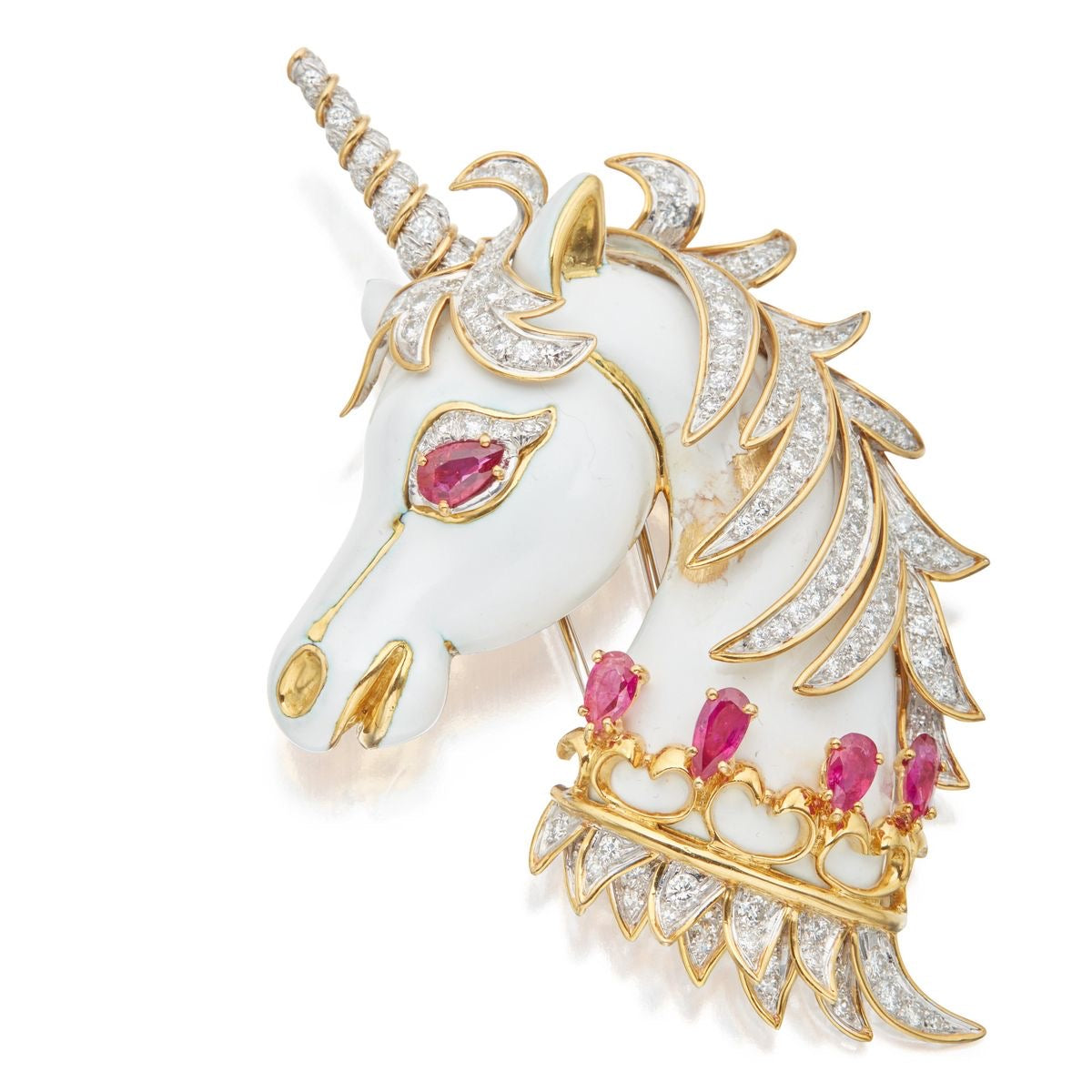 White Enamel Ruby Unicorn Brooch
