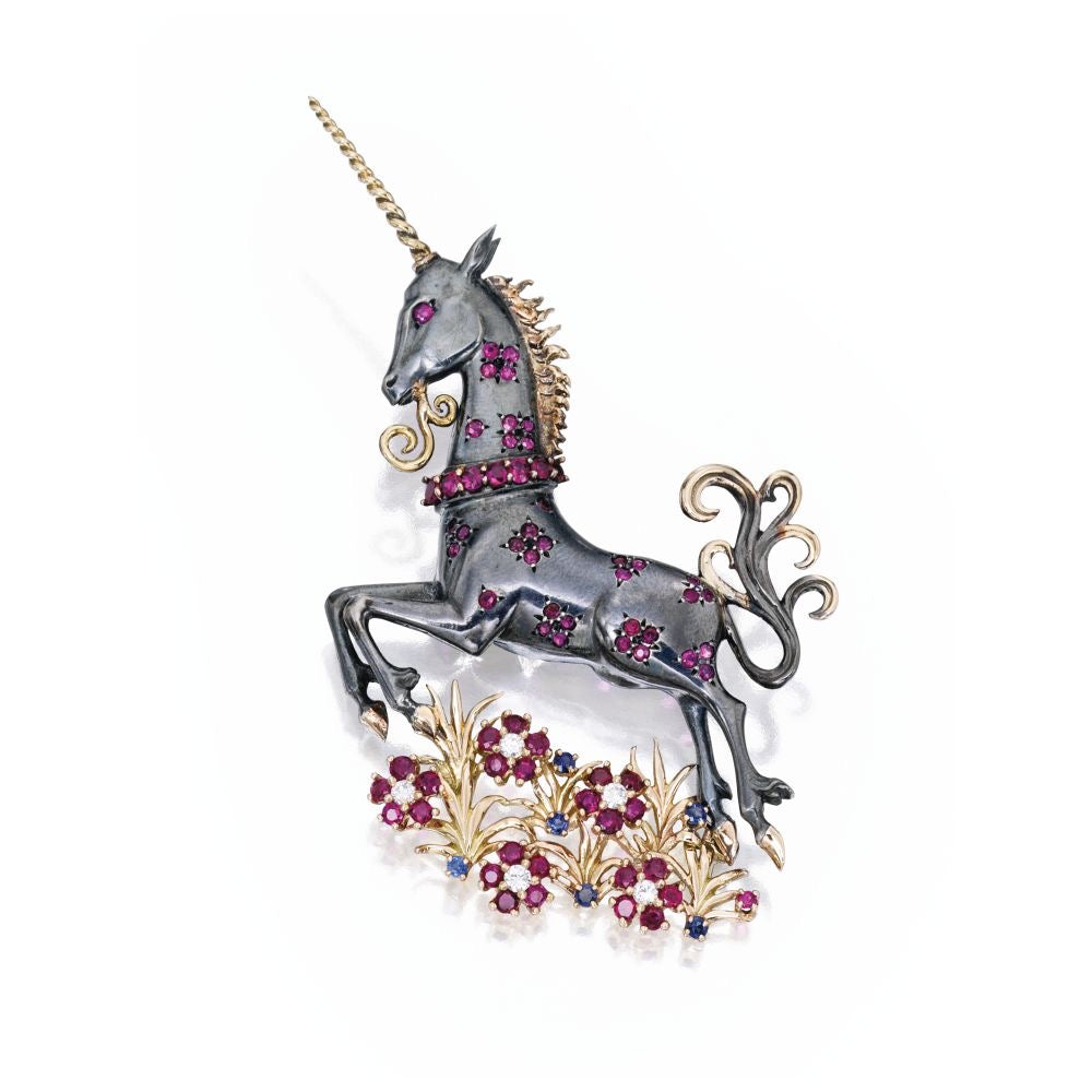 Black Enamel Ruby Unicorn Brooch