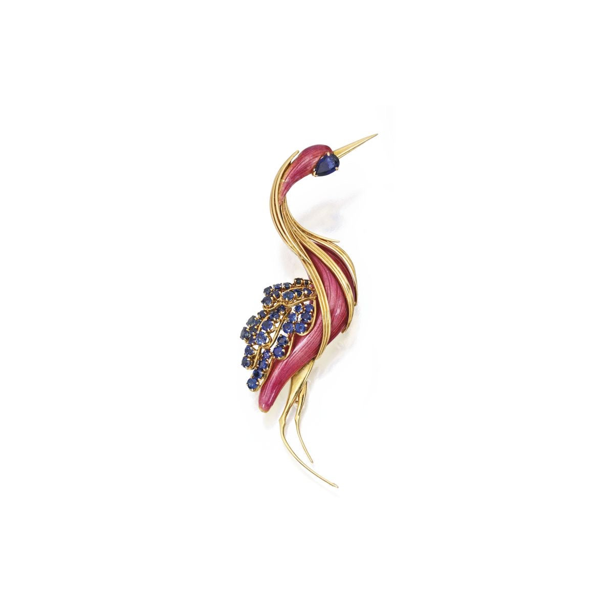 Pink Enamel & Sapphire Bird Brooch