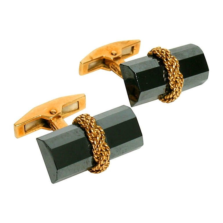 Black Hematite & Gold Rope Cufflinks