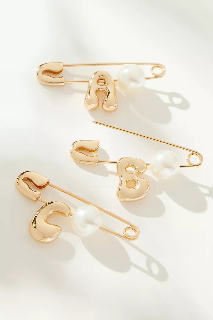 Initial Pearl Safety Pin Brooches