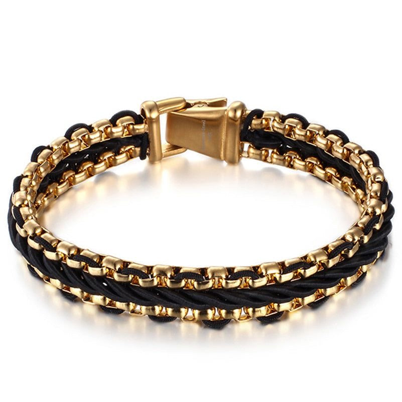 Black & Gold Link Leather Bracelet
