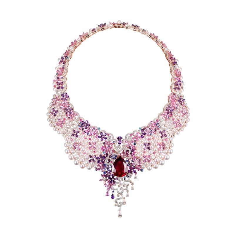 Royal Blossom Pearl & Ruby Couture Collar