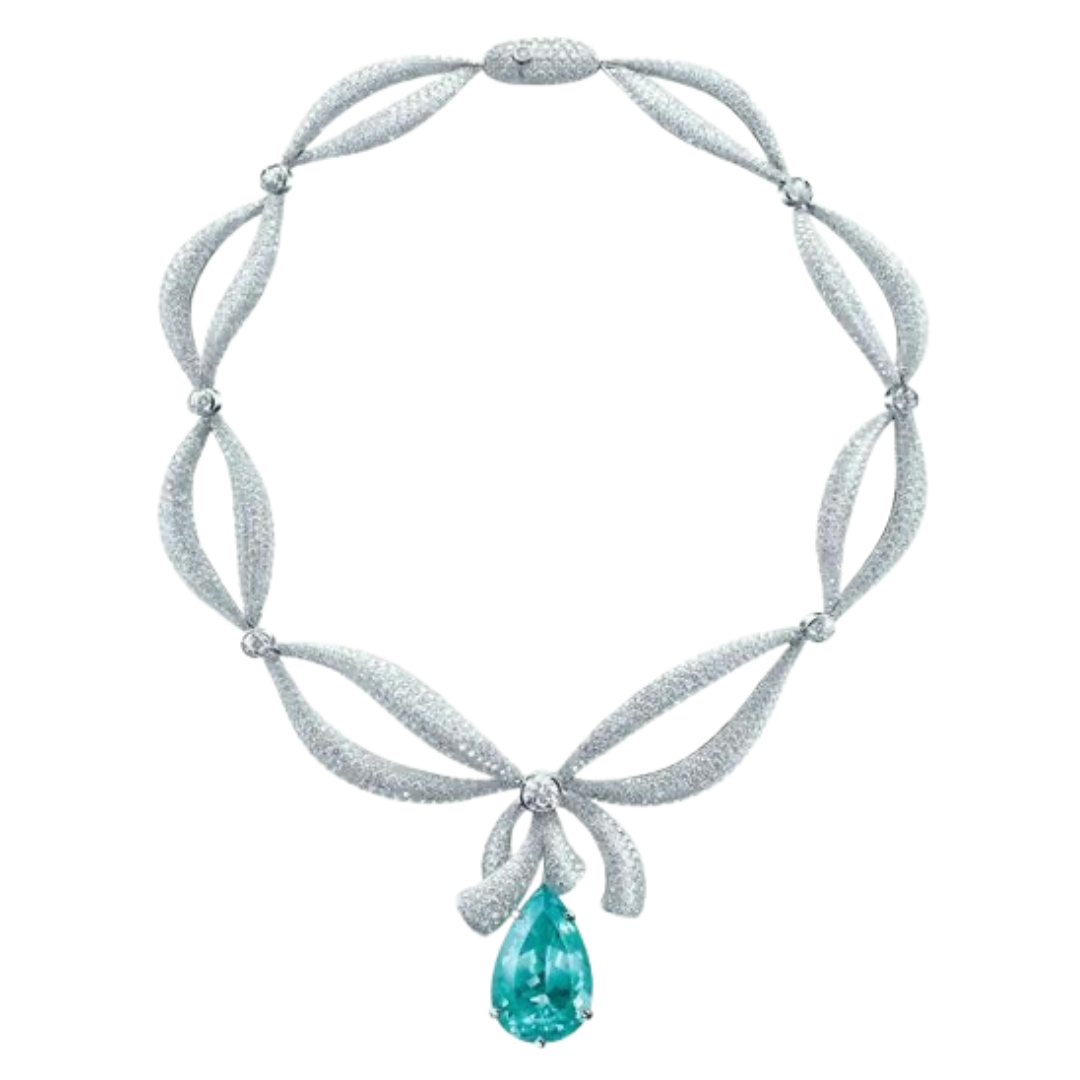 Diamond Ribbon & Paraiba Drop Necklace