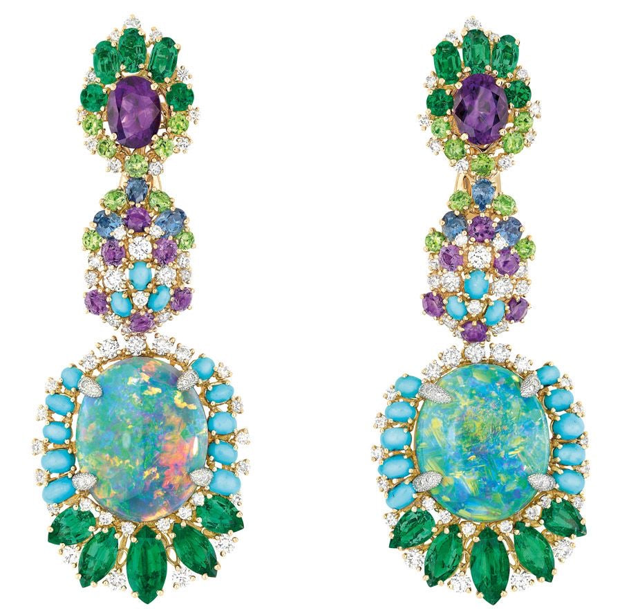 Emerald Peacock Opal Chandeliers Earrings