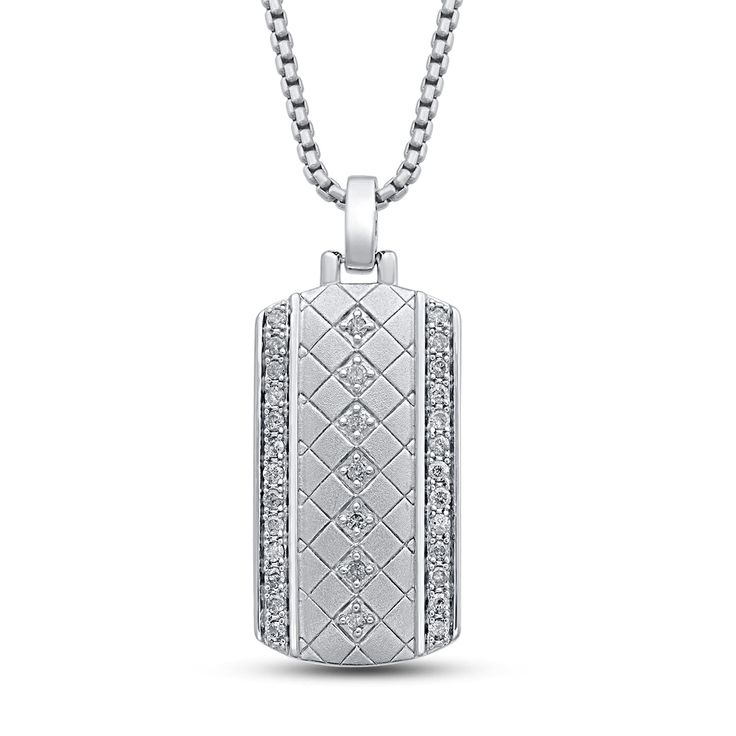 Diamond Grid Silver Dog Tag Pendant