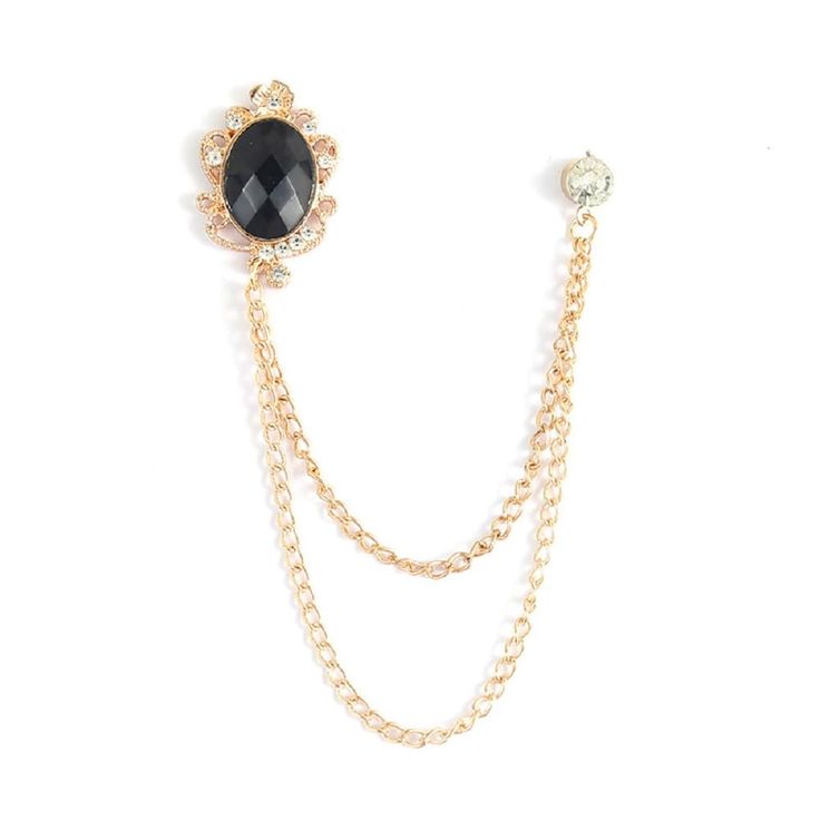 Black Oval Gem Chain Brooch