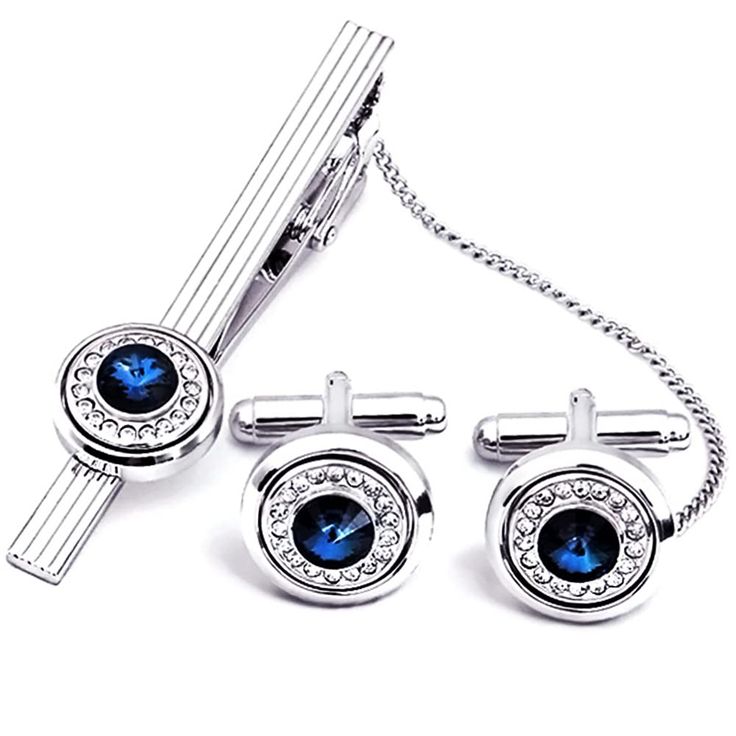 Blue Crystal Silver Tie Clip & Cufflinks Set