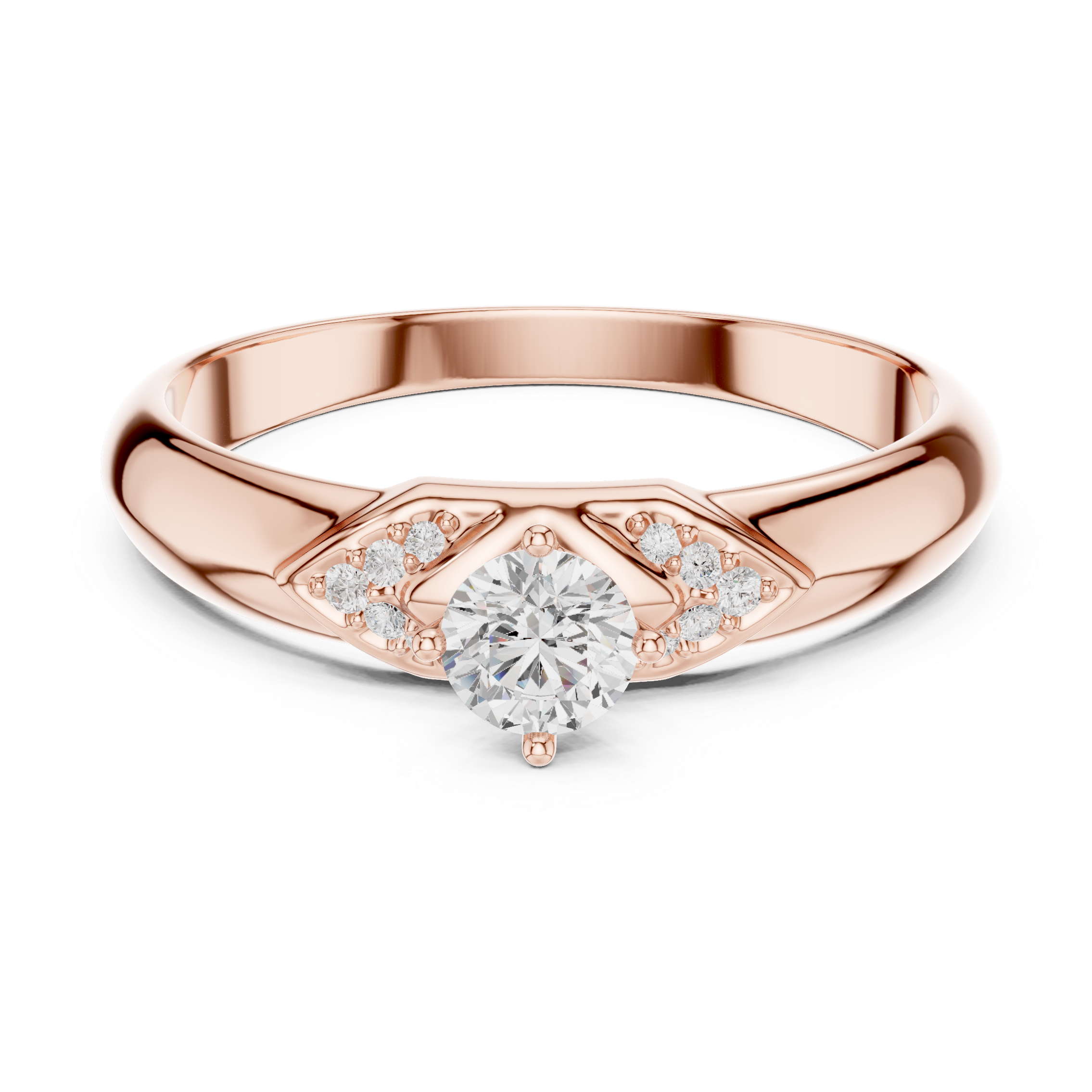 Rose gold ring with a diamond on a white background