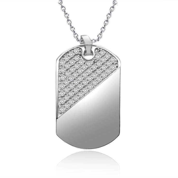 Diagonal Diamond Silver Dog Tag Pendant